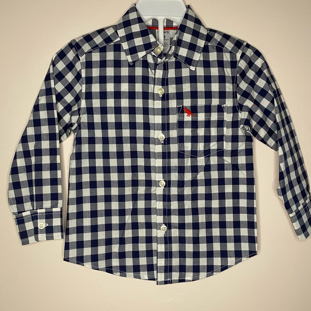 Carters navy and white checked dress shirt with red dinosaur logo in size 2T
